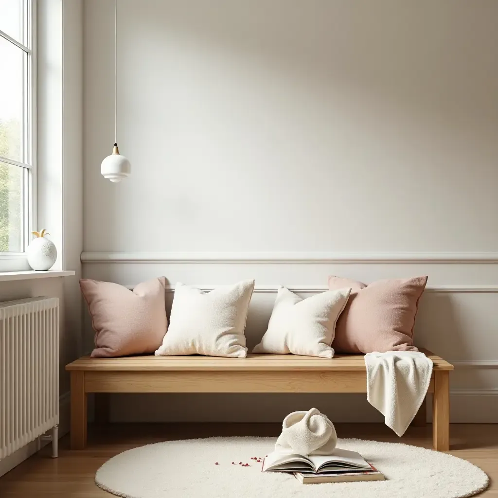 a photo of a cozy reading corner with a wooden bench in a child&#x27;s room