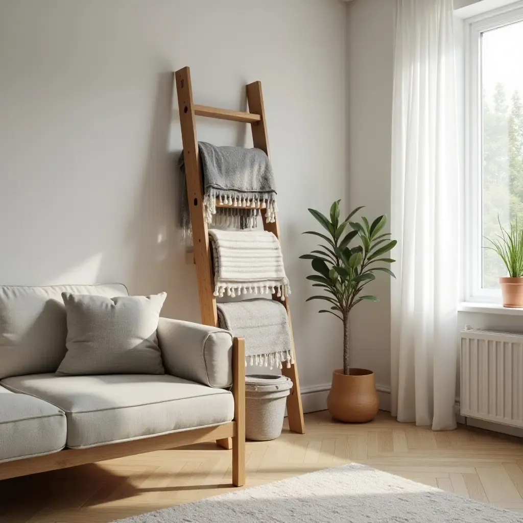 a photo of a living room with a decorative ladder for blanket storage