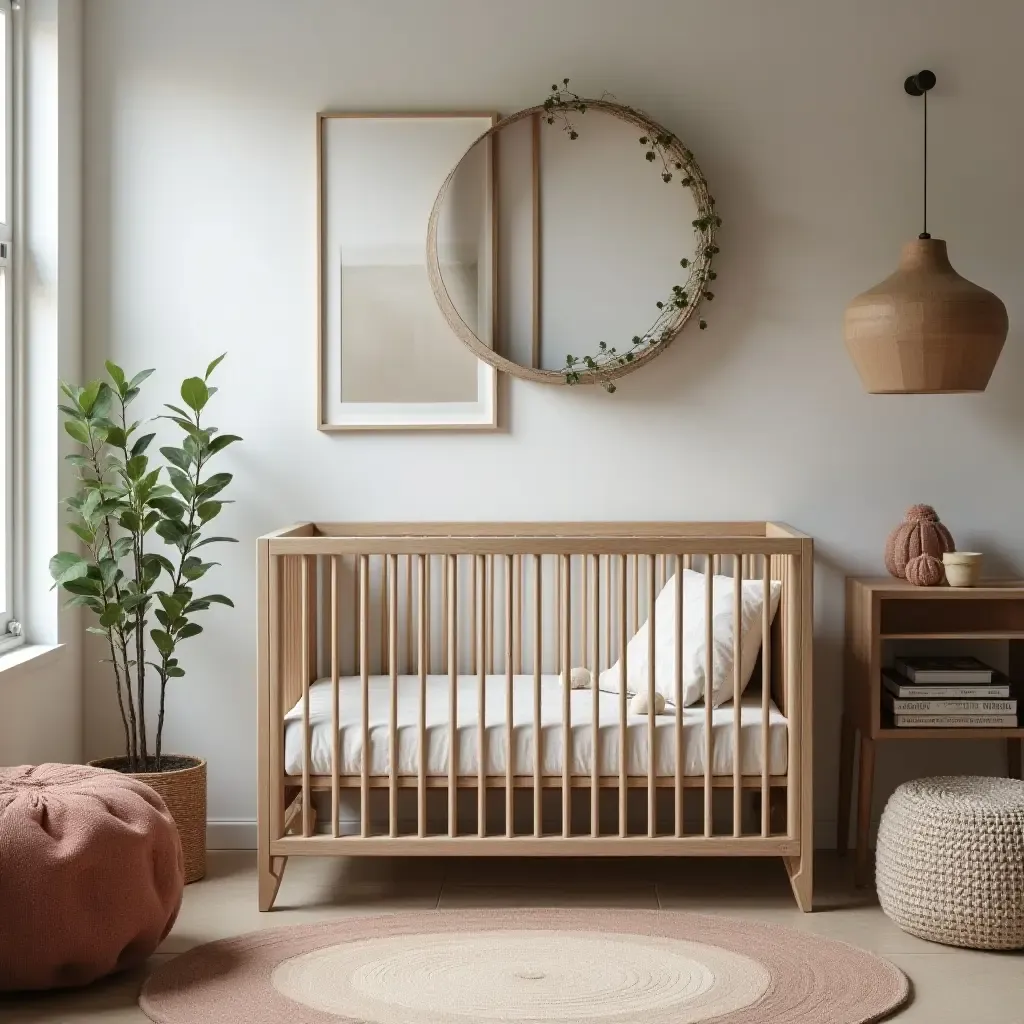 a photo of a nursery showcasing handmade decor with an industrial twist