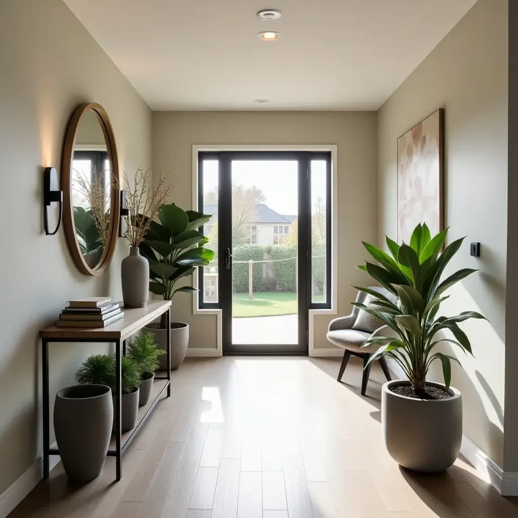 a photo of a basement entryway with decorative plant arrangements