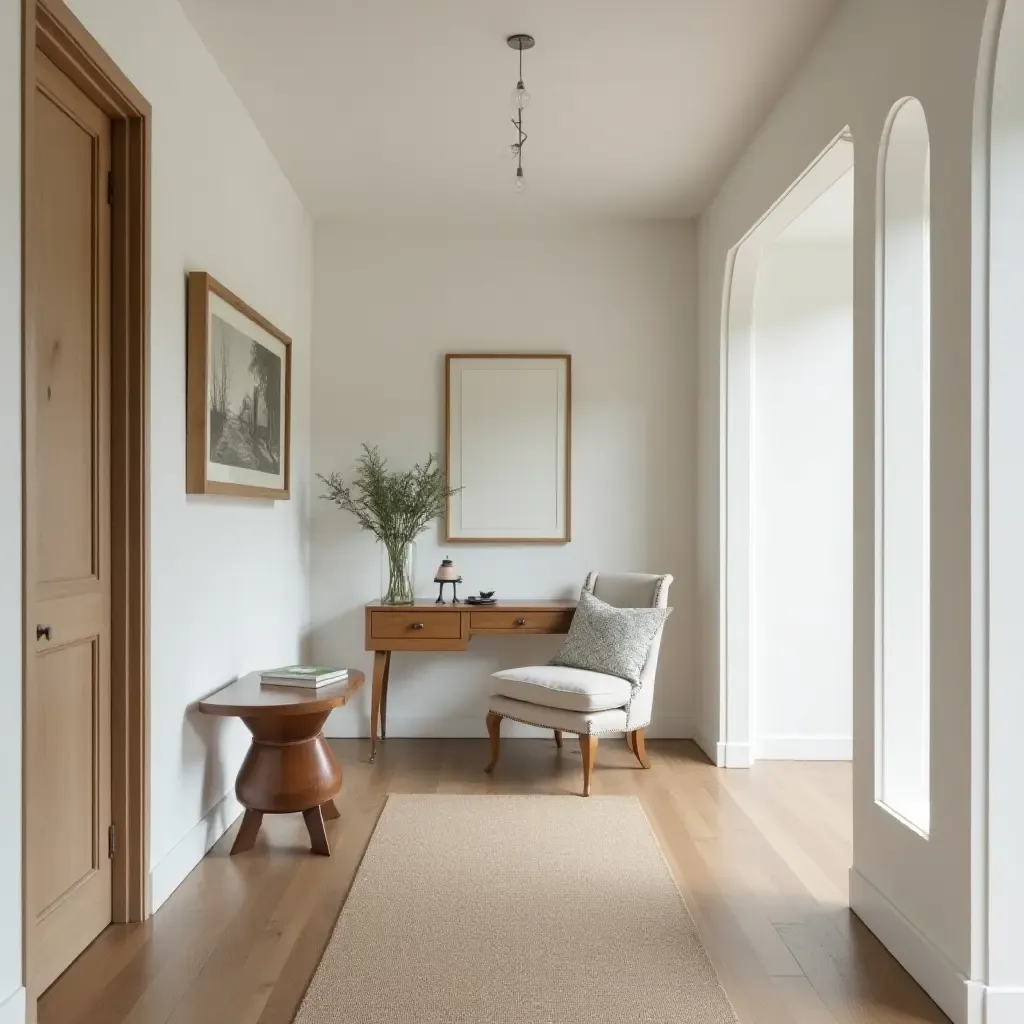 a photo of a farmhouse-style corridor with a vintage side table