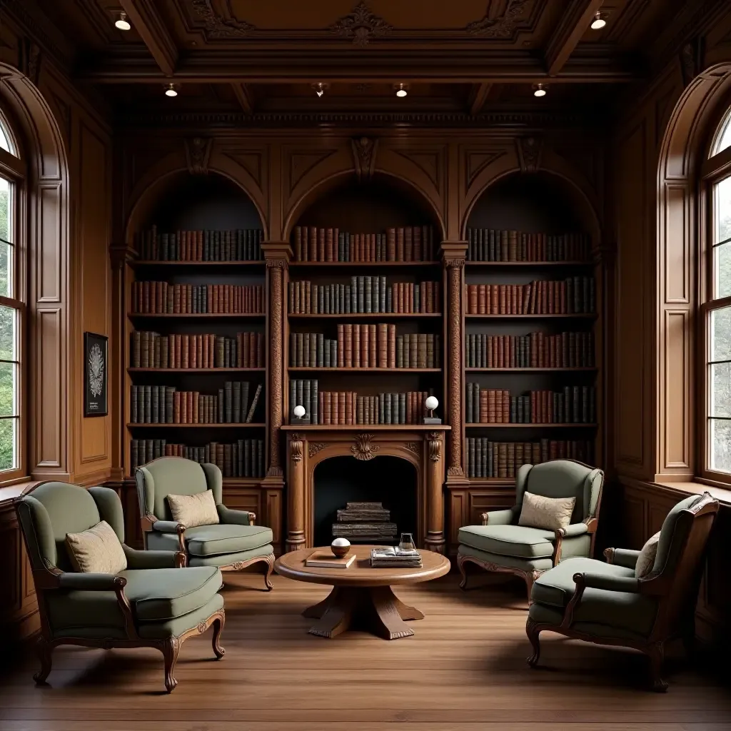 a photo of a vintage library with ornate antique bookshelves