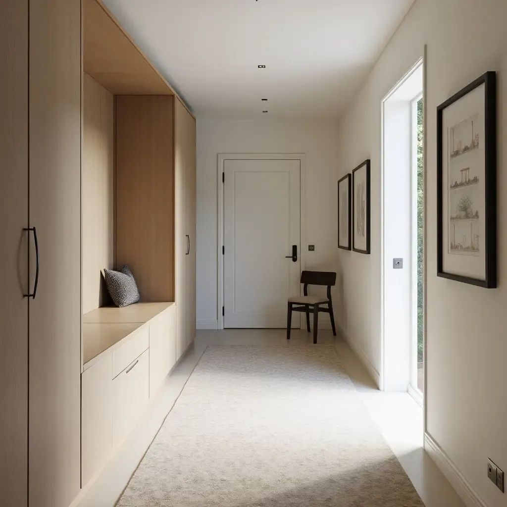 a photo of a chic corridor with a gallery wall and stylish storage solutions