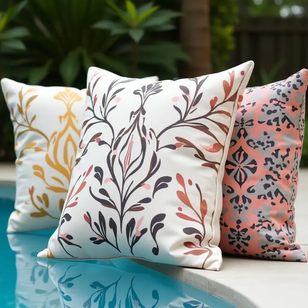 a photo of throw pillows with bold prints enhancing poolside aesthetics