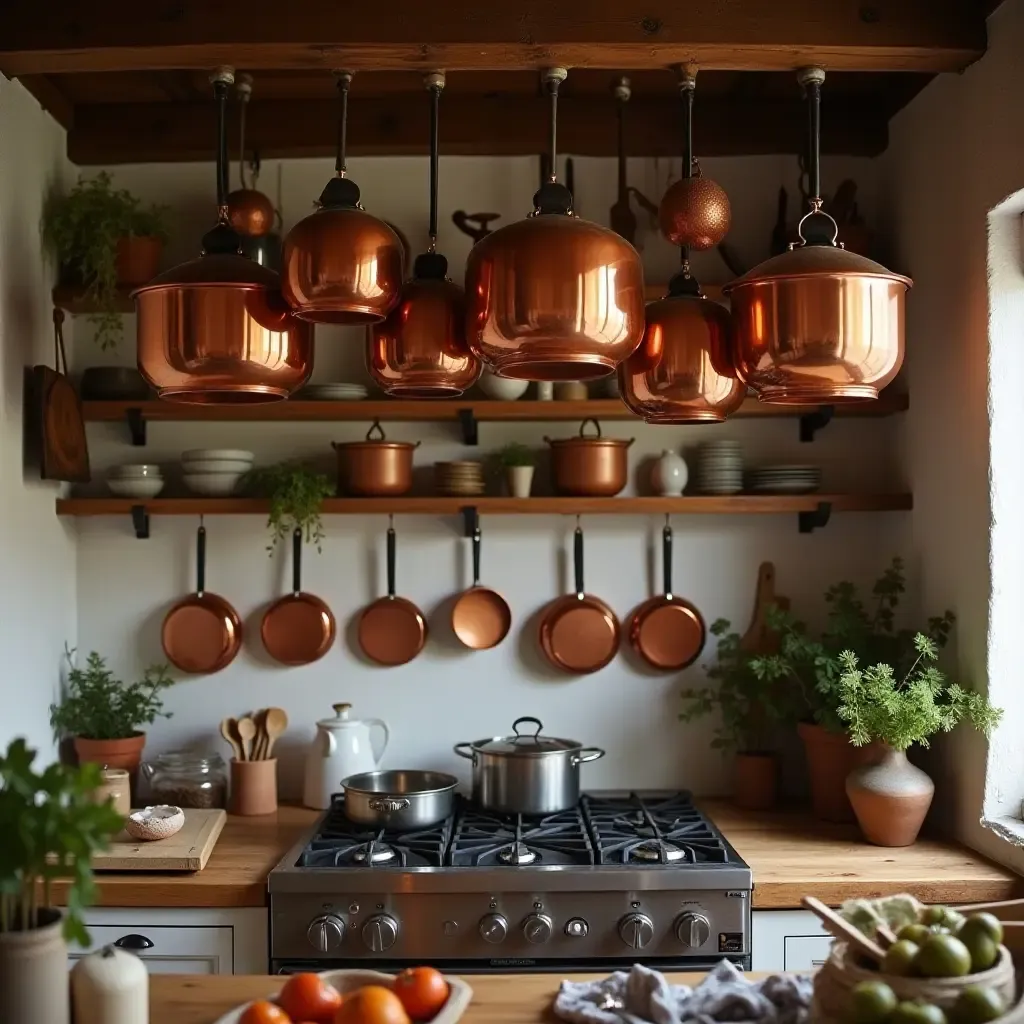 a photo of a cozy kitchen with copper pots hanging