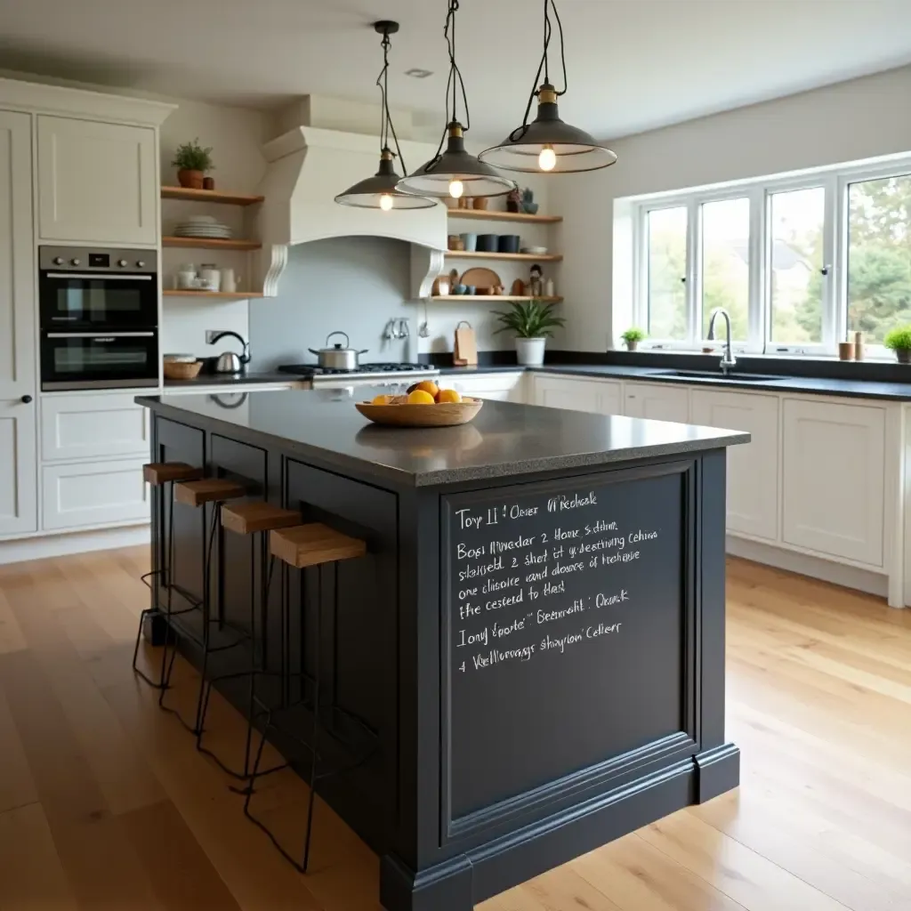 a photo of a modern kitchen island with a chalkboard surface for notes and recipes