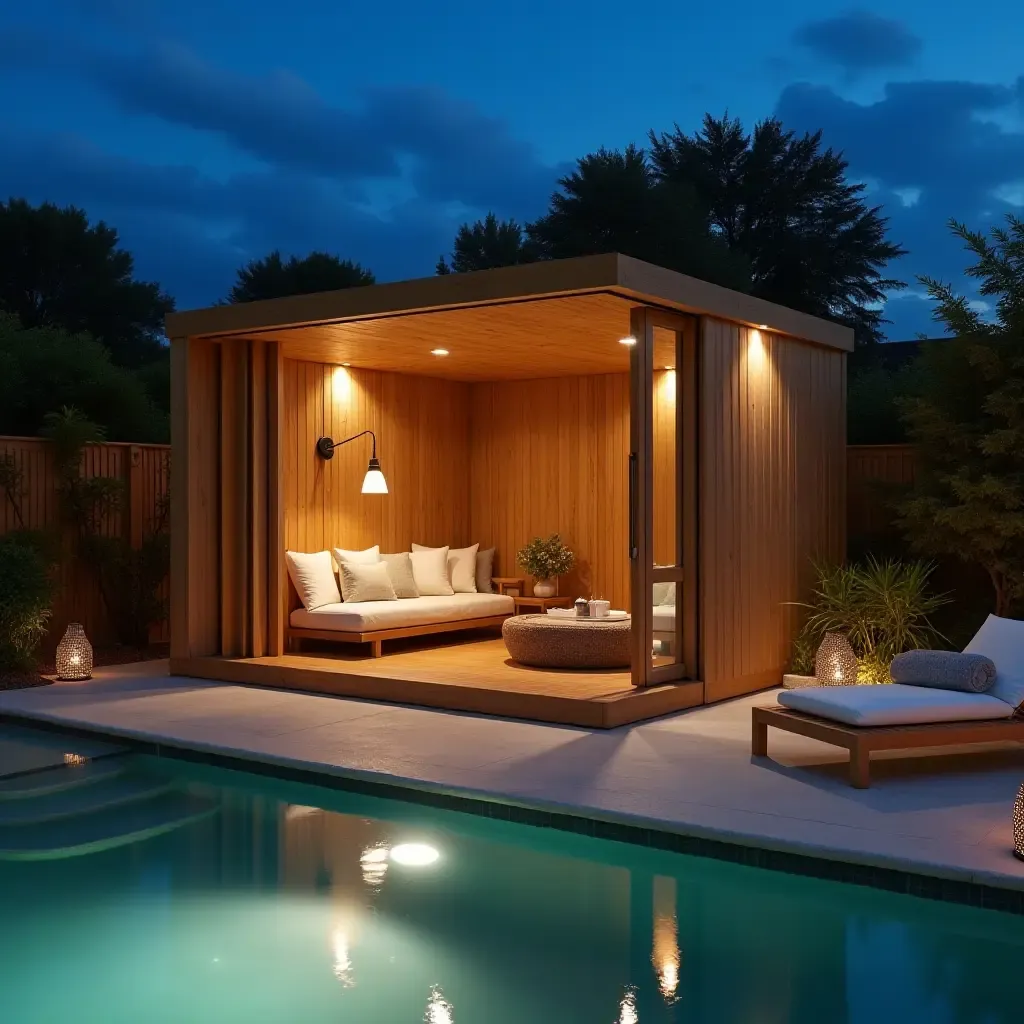 a photo of a cozy poolside cabana with stylish lighting and elegant decor