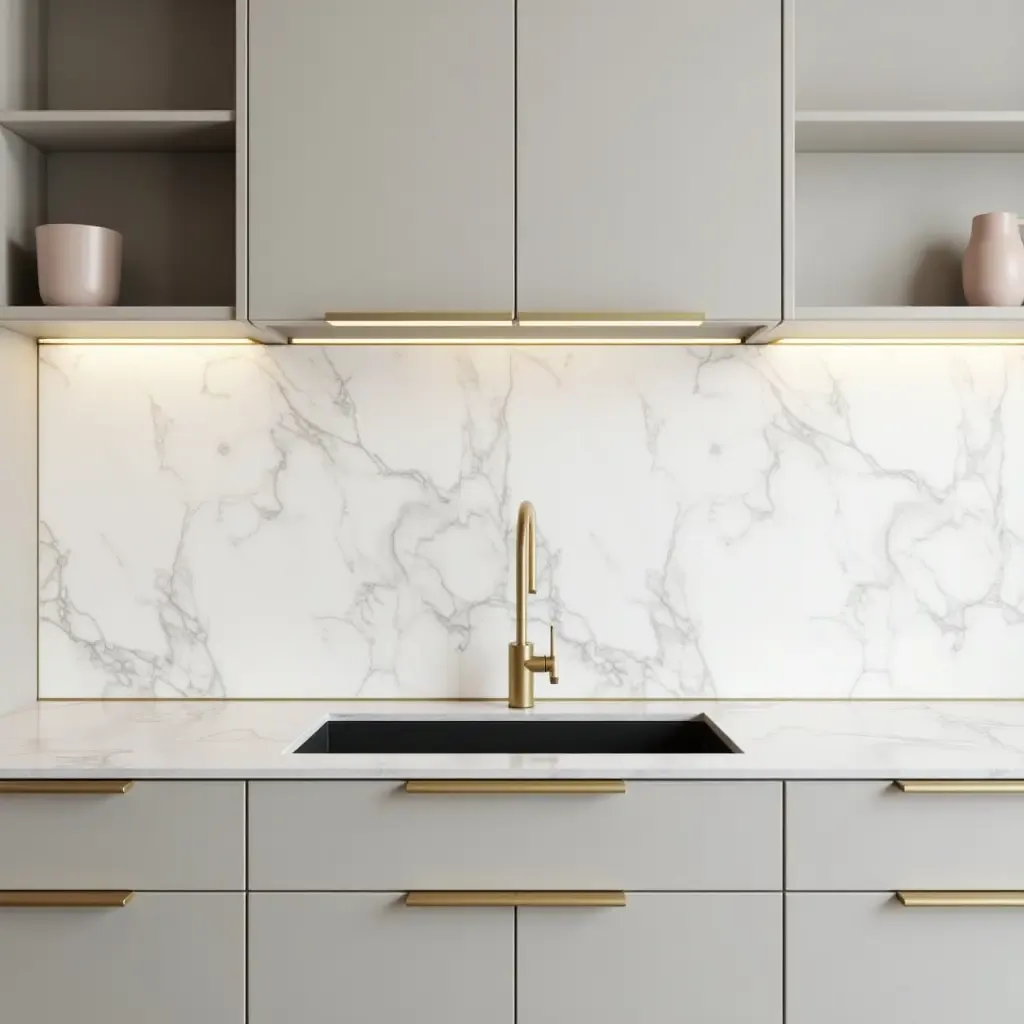 a photo of a sleek marble backsplash with gold accents in a contemporary kitchen