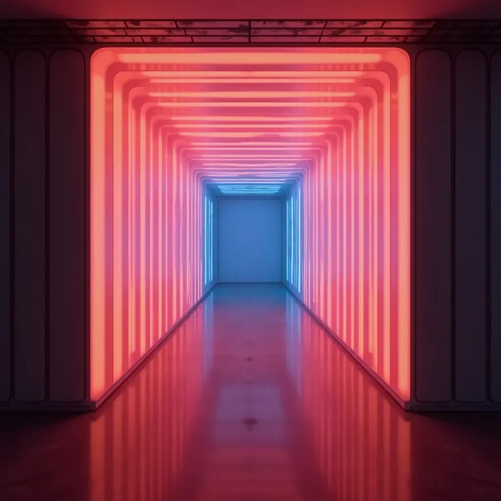 a photo of a color-changing LED panel in a futuristic entrance hall