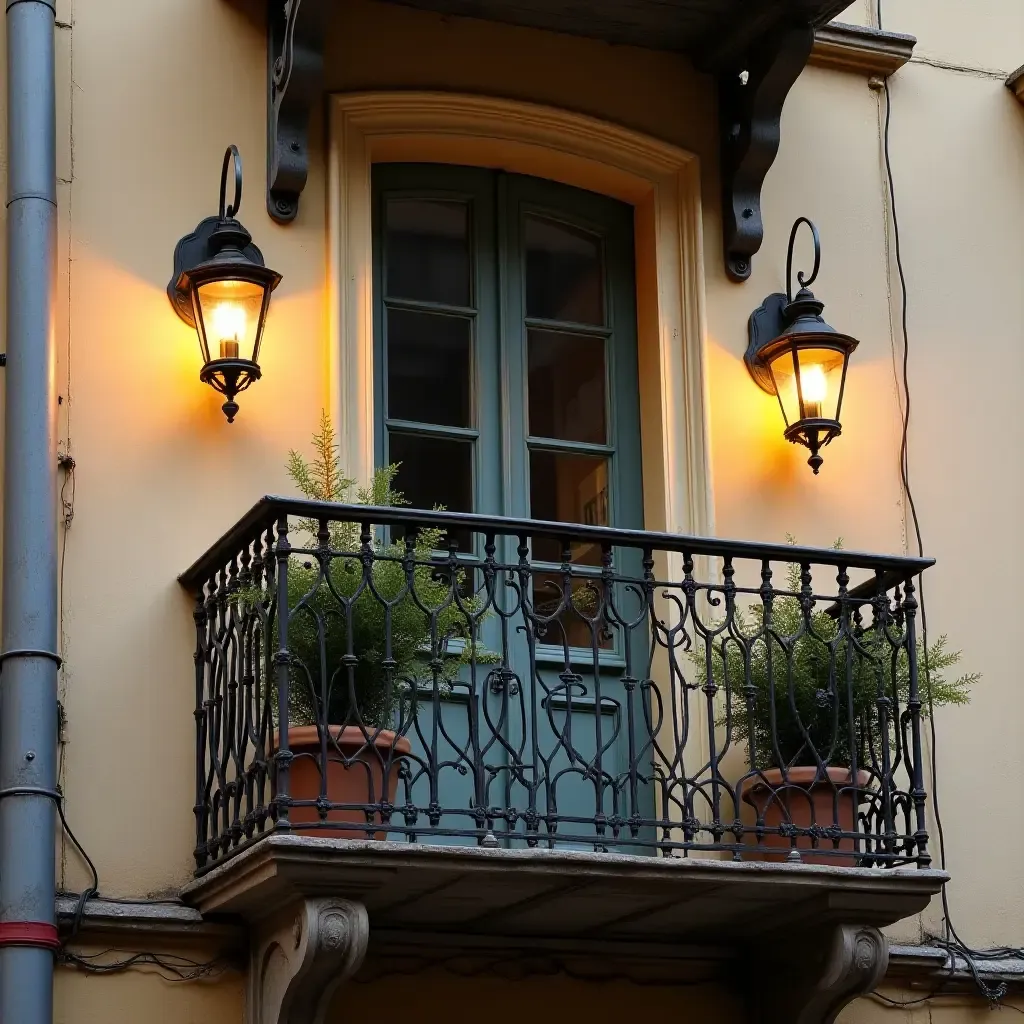 a photo of a vintage balcony adorned with antique lanterns