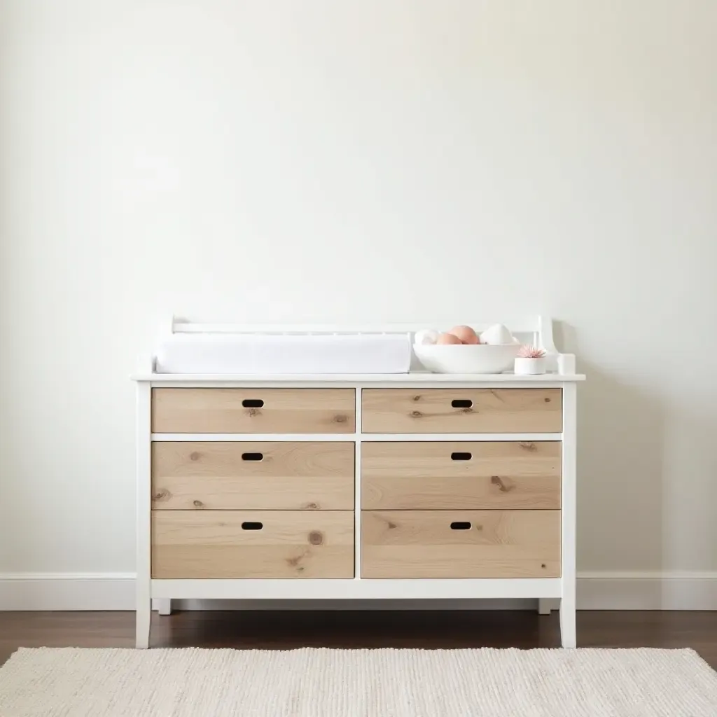 a photo of a nursery featuring a charming changing table with rustic details