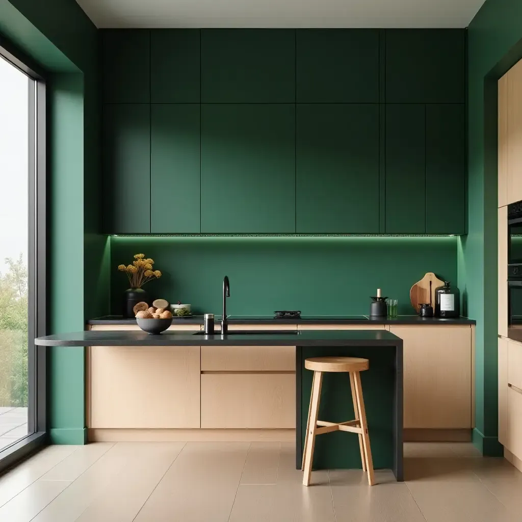 a photo of deep emerald green and light maple cabinets