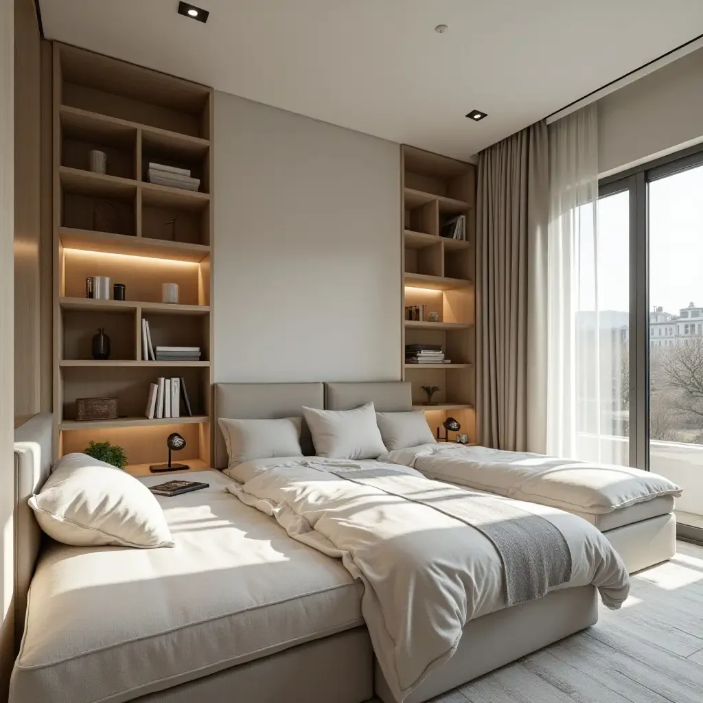 a photo of a shared bedroom with a spacious layout and open shelving