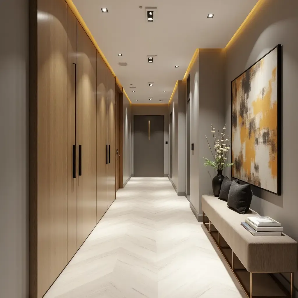 a photo of a contemporary corridor featuring metallic accents and chic accessories