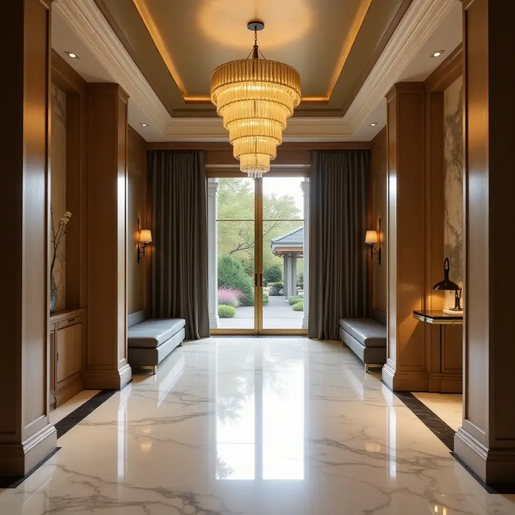 a photo of a luxurious entrance hall featuring gold pendant chandeliers