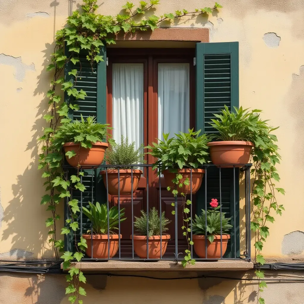 a photo of a balcony wall decorated with terracotta pots and trailing plants