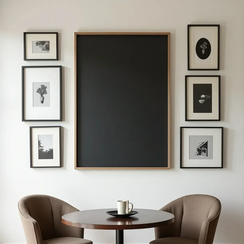 a photo of a gallery wall with a chalkboard art piece as a focal point