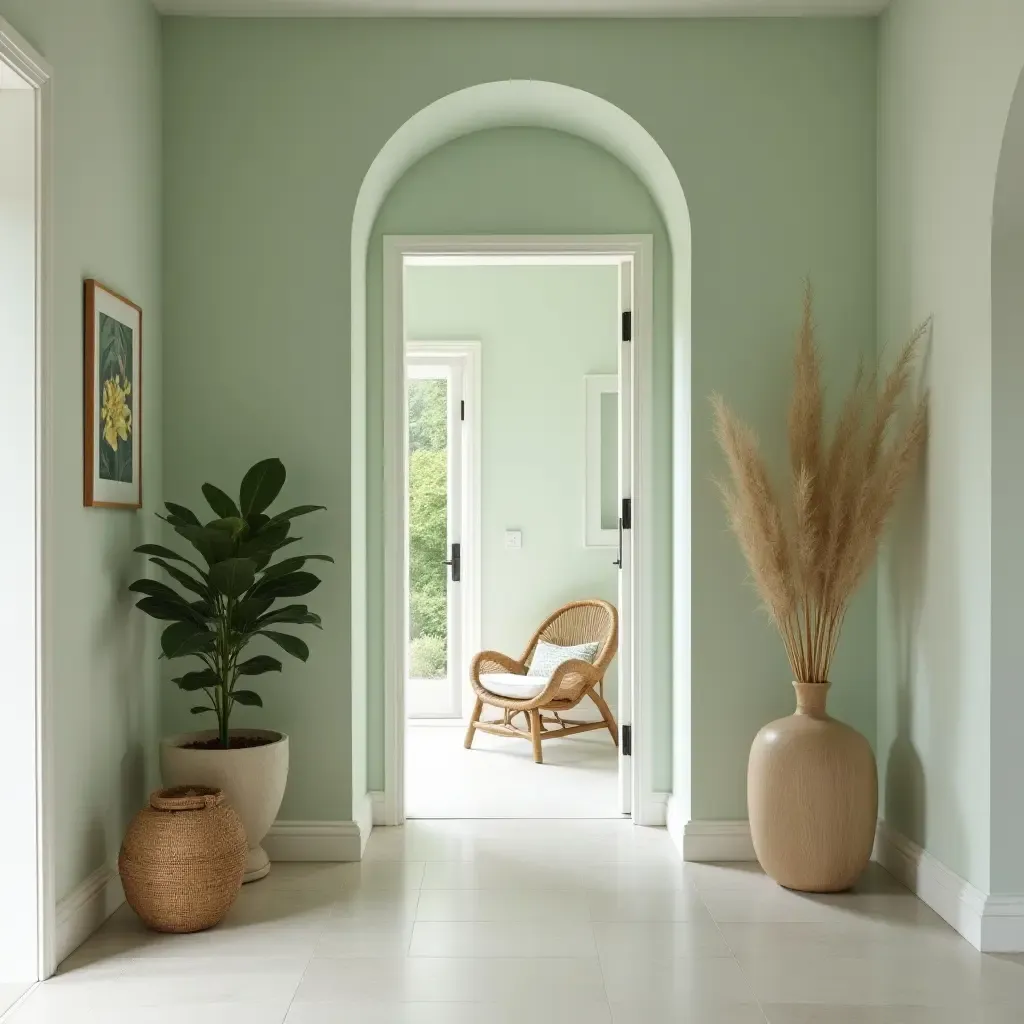 a photo of a serene green and white entrance hall with natural elements