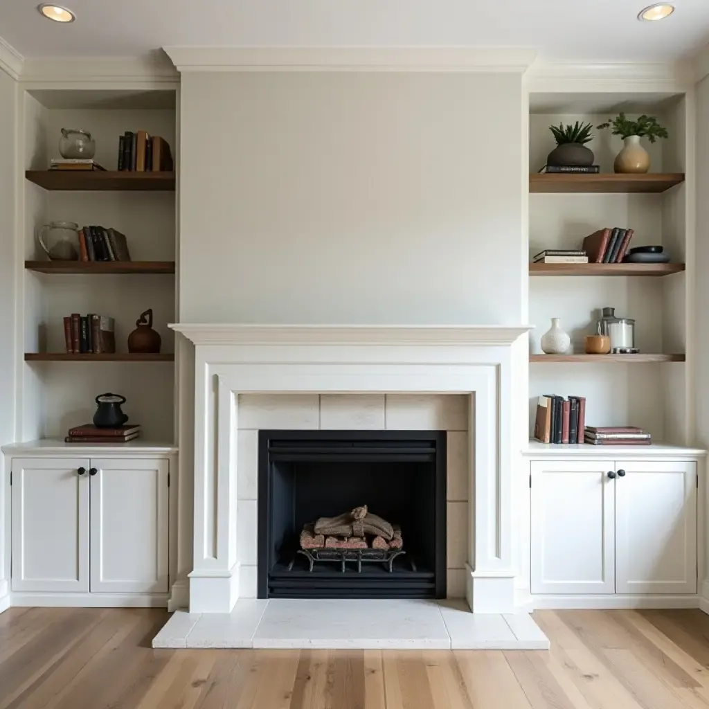 a photo of a stylish built-in bookcase framing a fireplace