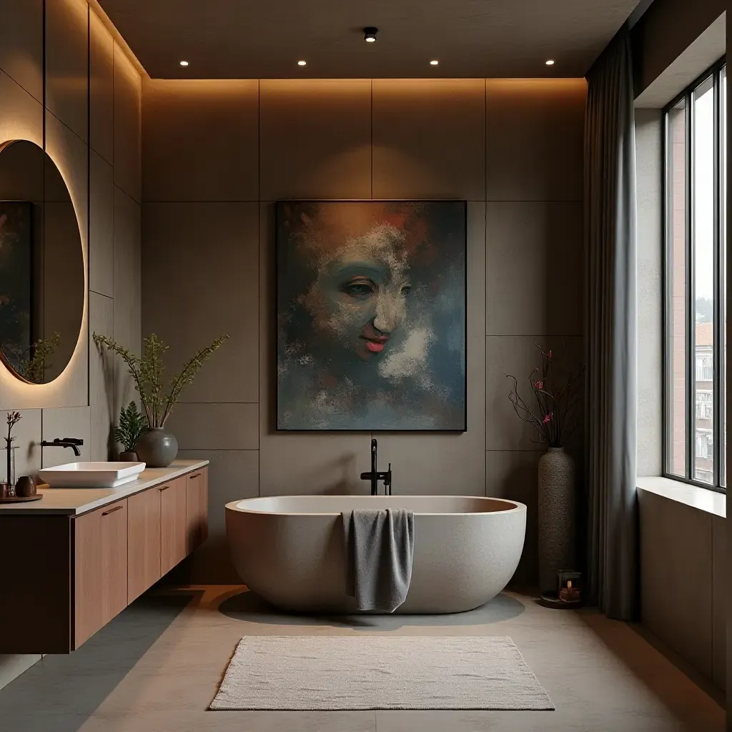 a photo of a stylish indigo and copper bathroom with artistic accents