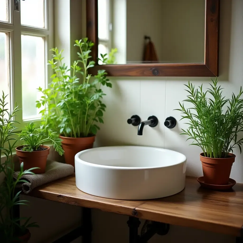 a photo of a quaint bathroom sink surrounded by potted herbs