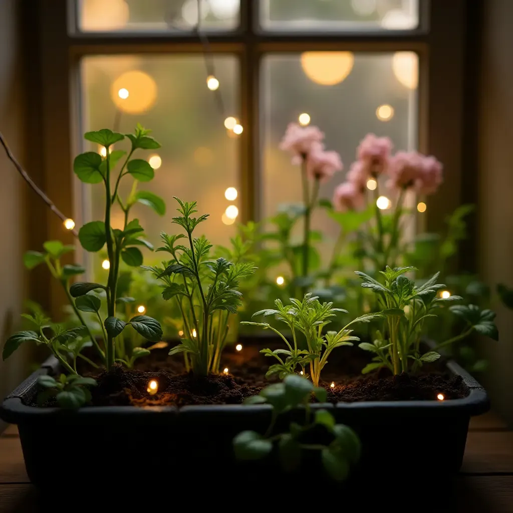 a photo of a small indoor garden with herbs and fairy lights