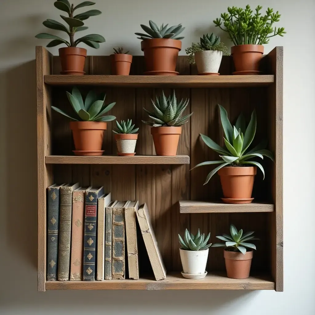 a photo of a rustic wooden shelf filled with potted succulents and classic novels