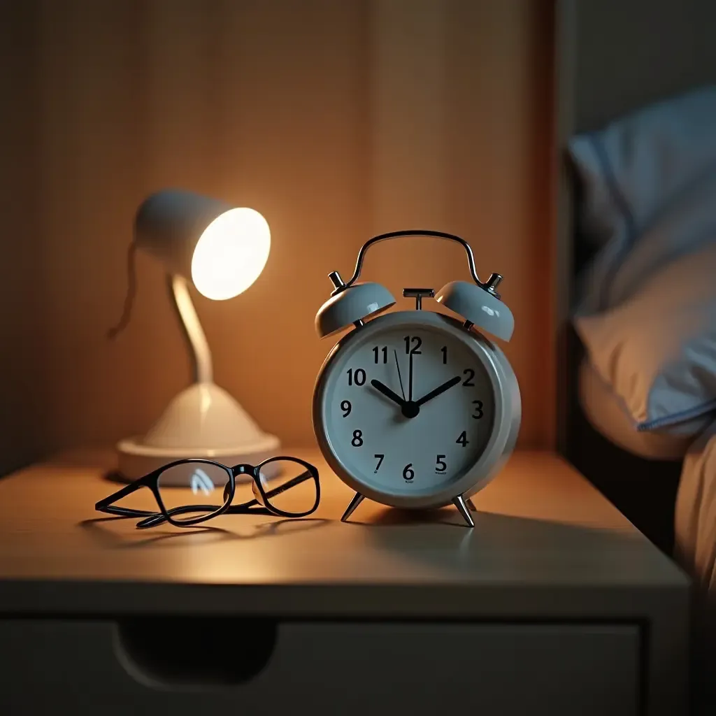 a photo of a nightstand with a stylish alarm clock and eyeglasses