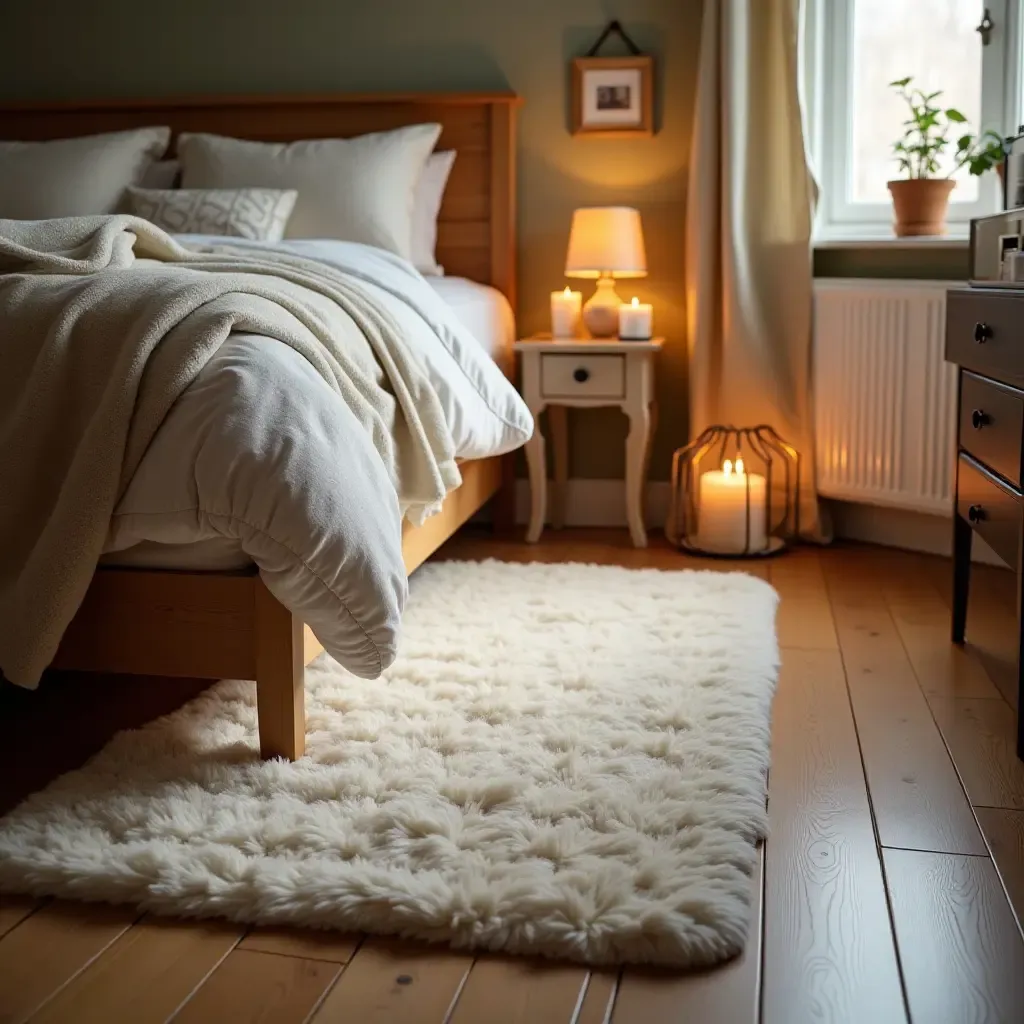 a photo of a cozy fleece rug in a warm and inviting bedroom