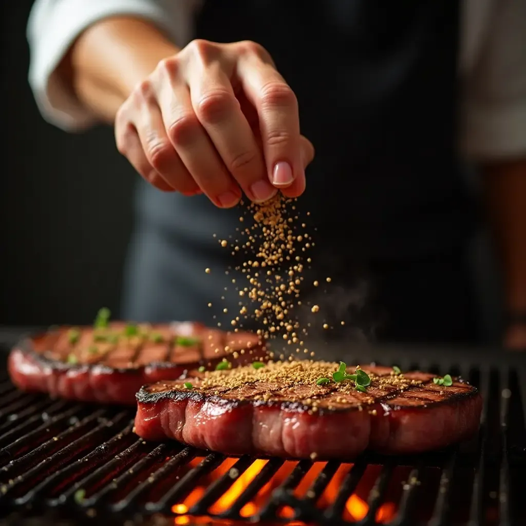 a photo of a chef sprinkling umami seasoning over a sizzling steak on a grill.