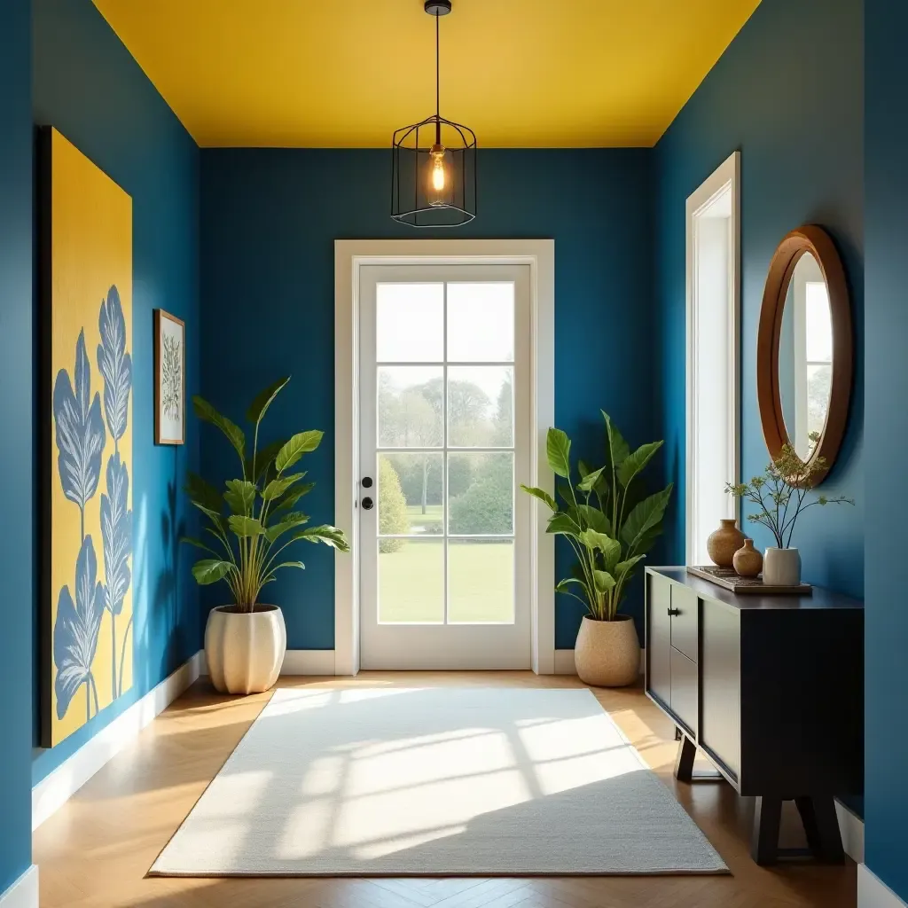 a photo of a vibrant blue and yellow entrance hall with modern decor