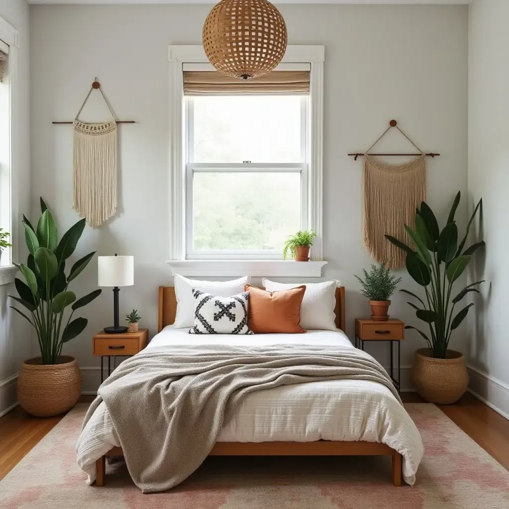 a photo of a bohemian-inspired teen bedroom with plants and textured textiles