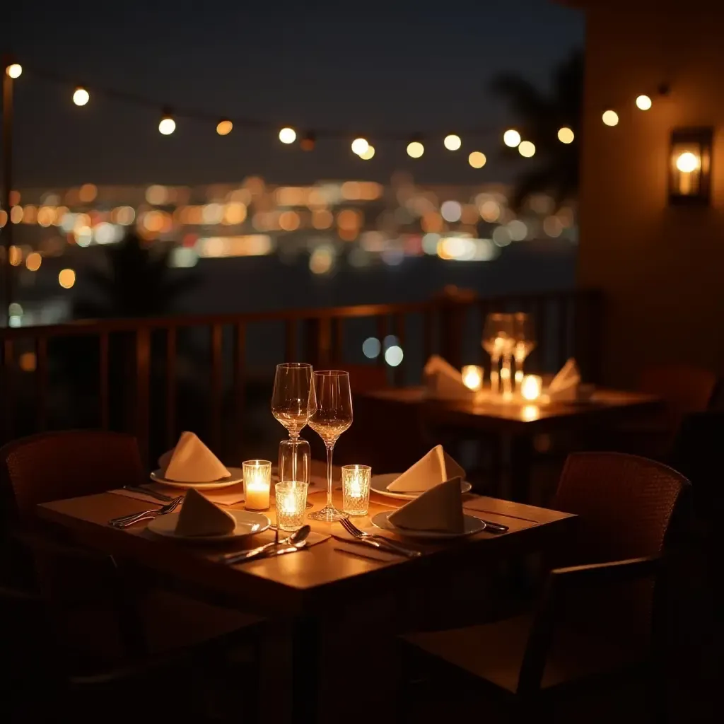 a photo of a romantic balcony dinner setting with soft lighting