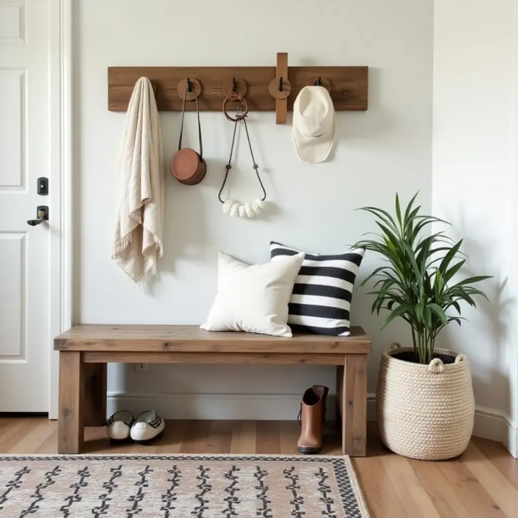 a photo of a bench made from reclaimed wood with a rustic charm in a farmhouse entryway