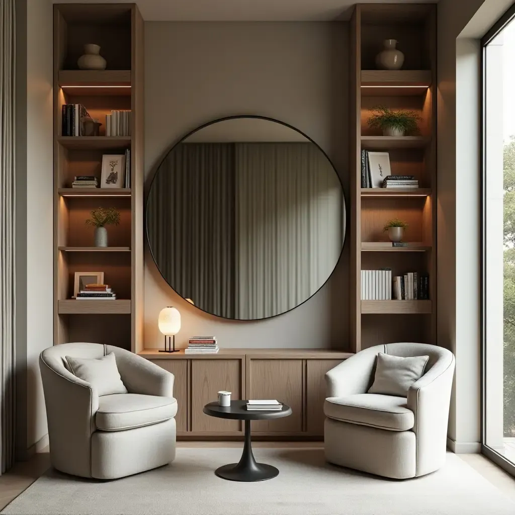 a photo of a minimalist library with a large round mirror