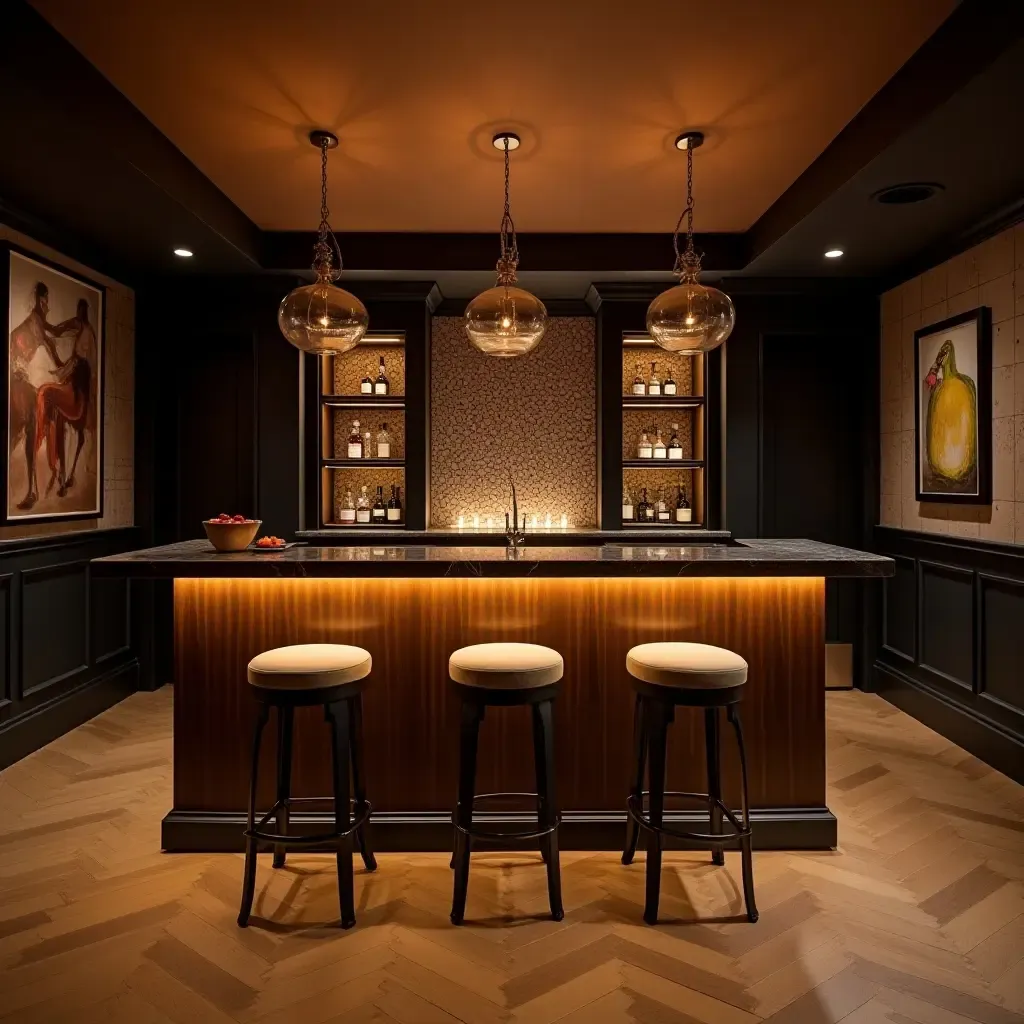 a photo of a chic basement bar area with elegant stools and ambient lighting