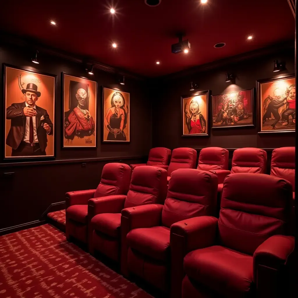 a photo of a themed basement bar with a movie projector and cinema-style seating