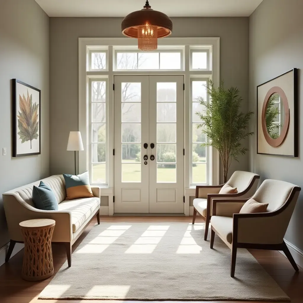 a photo of a cozy entrance area with a soft rug and inviting furniture