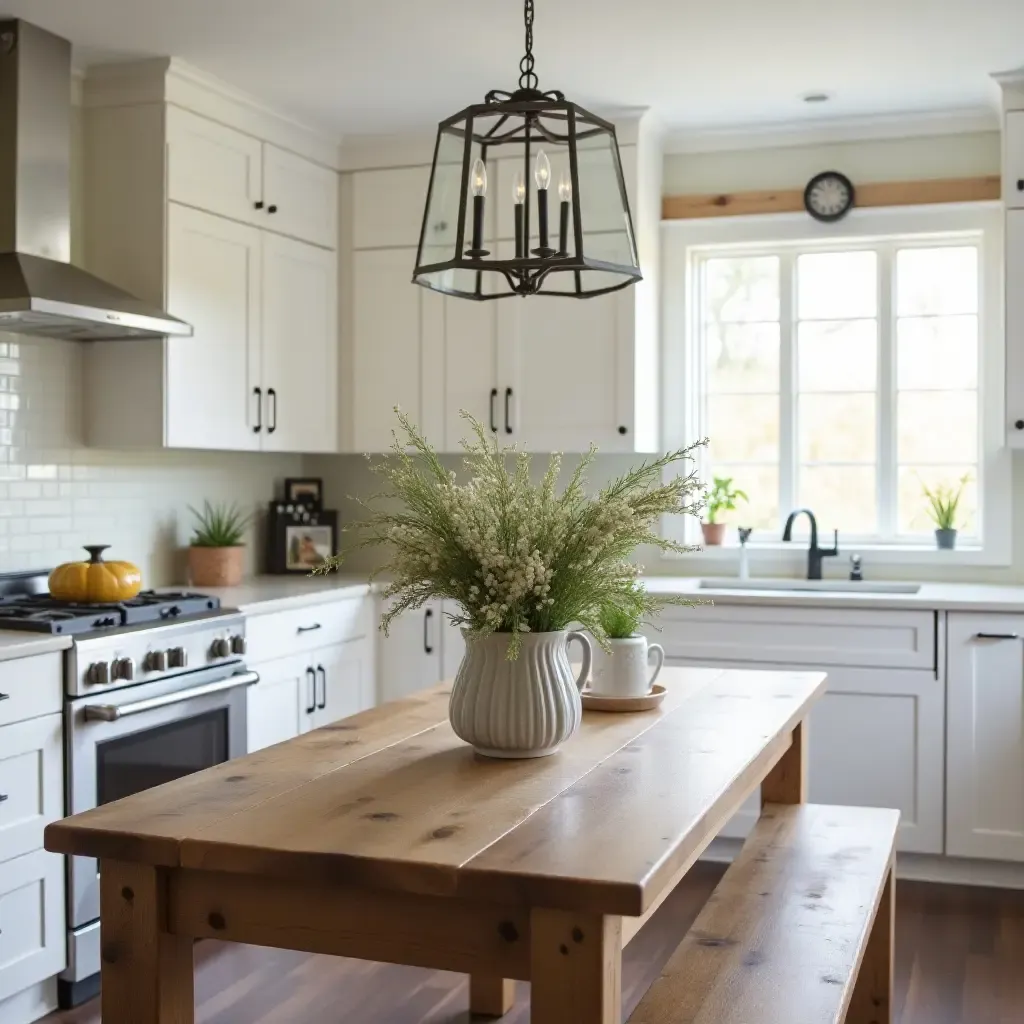 a photo of a kitchen with a charming farmhouse table centerpiece