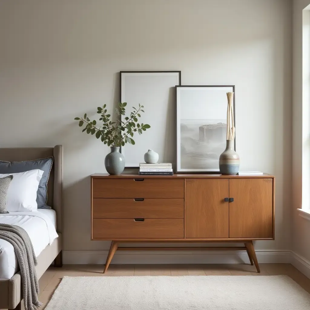 a photo of a modern bedroom featuring a vintage sideboard as a statement piece