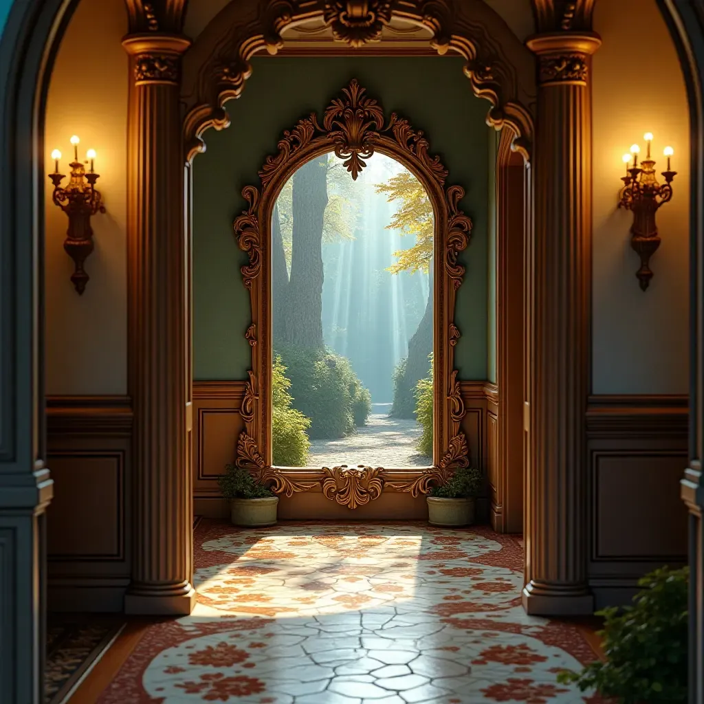 a photo of an entrance hall with a magical mirror that reflects whimsical scenes