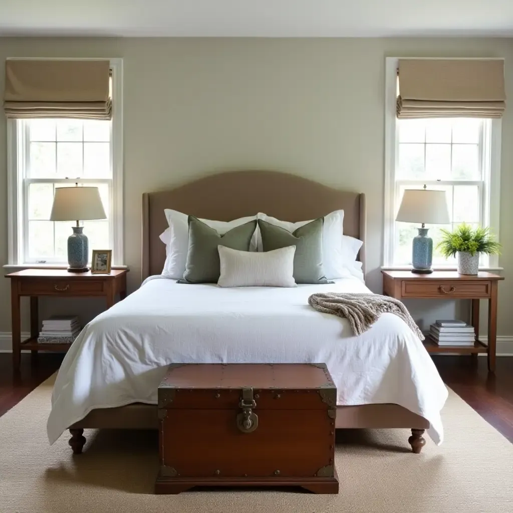 a photo of a farmhouse bedroom with an antique trunk at the foot of the bed