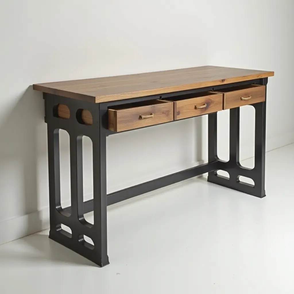 a photo of a stylish desk made from reclaimed wood and metal