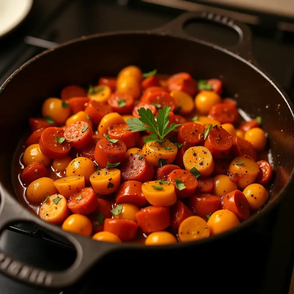 a photo of stir-fry with smoked paprika and chorizo, Spanish influence, fiery orange hues, cast iron pan