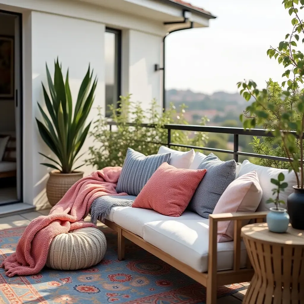 a photo of a chic balcony adorned with colorful throw pillows and blankets