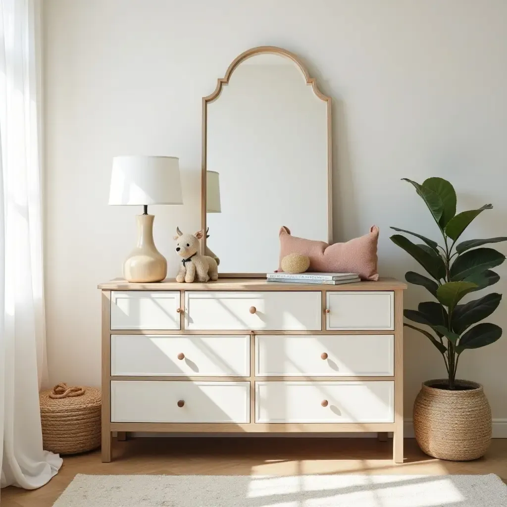 a photo of a nursery showcasing a vintage Mediterranean-style dresser