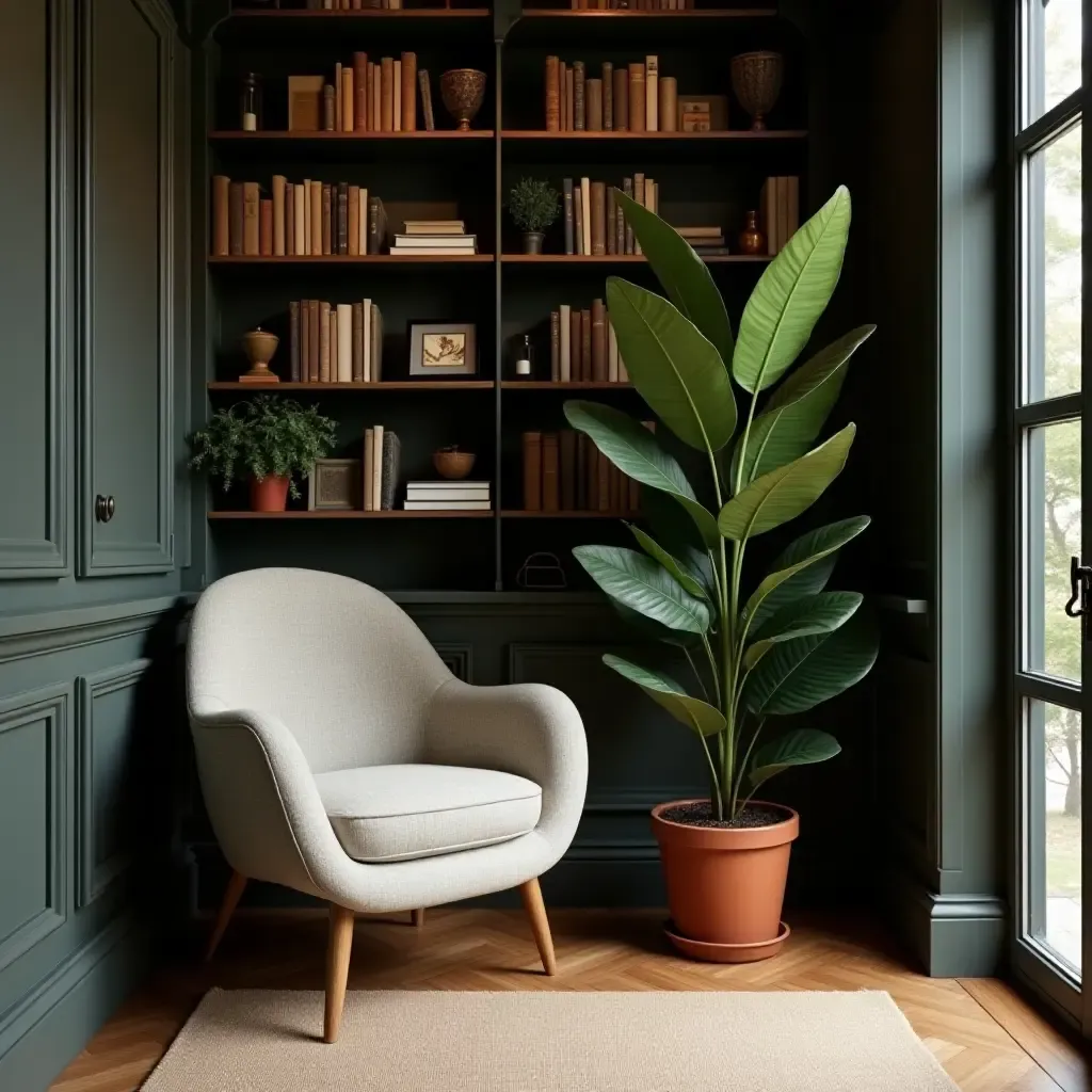 a photo of a library nook with a large rubber plant