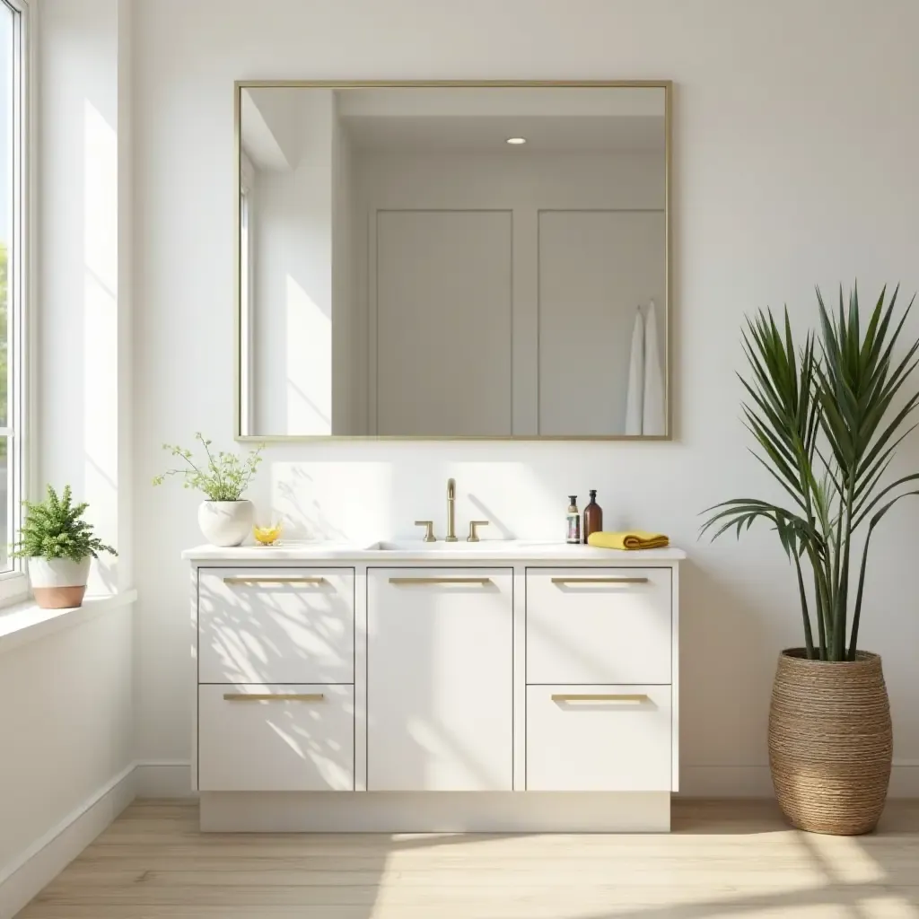 a photo of a bright bathroom with a decorative mirror and natural elements