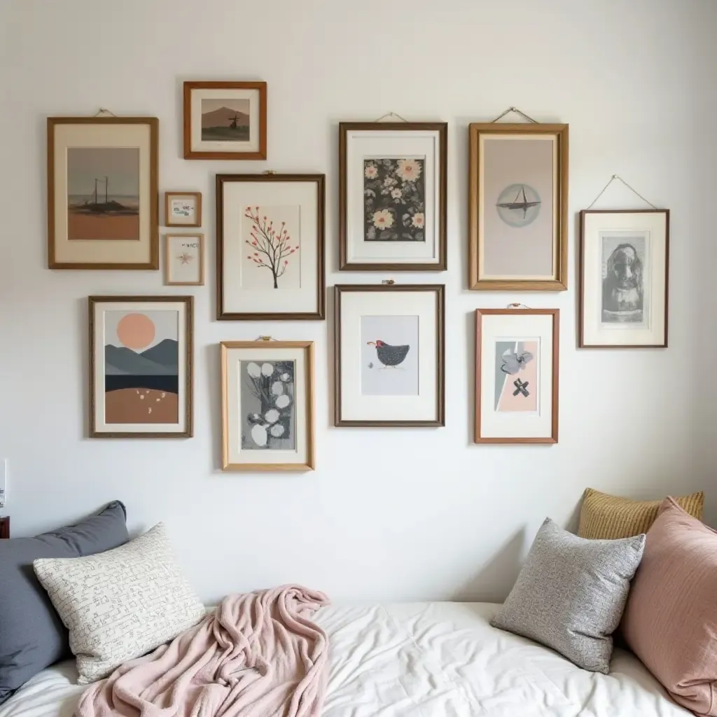 a photo of an eclectic gallery wall with mismatched frames and diverse art styles in a teen&#x27;s room