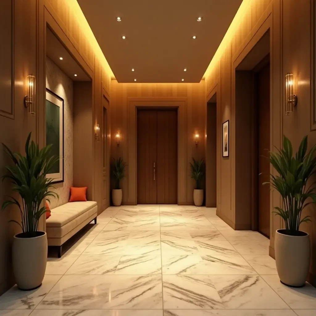 a photo of a cozy entrance hall with marble tiles and warm lighting for an inviting atmosphere